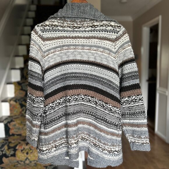 J. Jill Chunky Wool Blend Open Cardigan Nordic Sweater Neutral Stripe Size SP - Picture 3 of 10